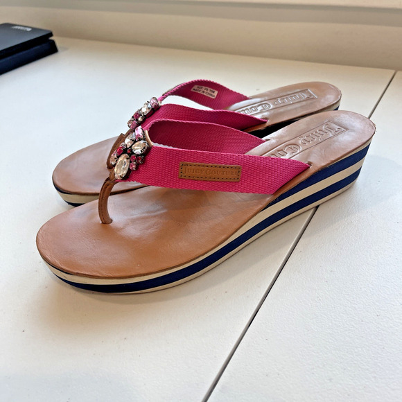 Juicy Couture SZ 10 Pink Y2K Flip Flops Sandals Rhinestone LeatherWedge Barbie - Picture 4 of 10